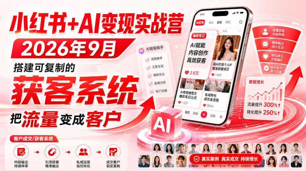 小红书+AI变现实战营2026年9月，搭建可复制的获客系统，把流量变成客户！-副业网