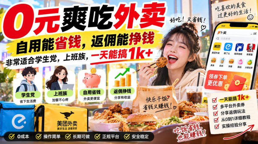 0元爽吃外卖，自用能省钱，返佣能挣钱，非常适合学生党，上班族，一天能搞1k+-副业网