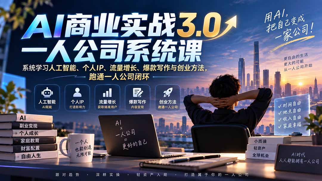 AI商业实战3.0一人公司系统课：系统学习人工智能、个人IP、流量增长、爆款写作与创业方法，跑通一人公司闭环-副业网