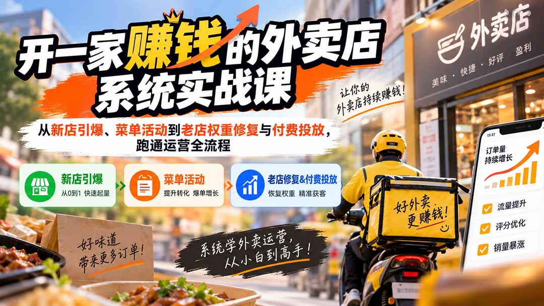 开一家赚钱的外卖店系统实战课：从新店引爆、菜单活动到老店权重修复与付费投放，跑通运营全流程-副业网