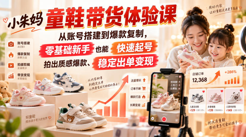 小朱妈童鞋带货体验课，从账号搭建到爆款复制，零基础新手也能快速起号、拍出质感爆款、稳定出单变现-副业网