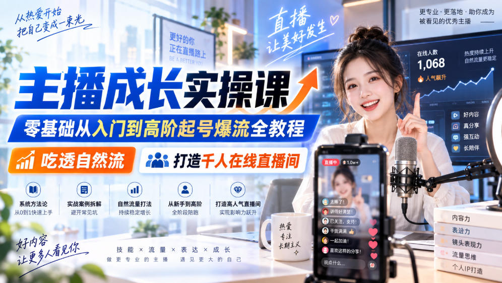 主播成长实操课｜零基础从入门到高阶起号爆流全教程，吃透自然流，打造千人在线直播间-副业网