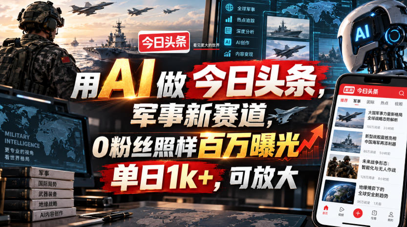 用AI做今日头条，军事新赛道，0粉丝照样百万曝光，单日1k+，可放大-副业网