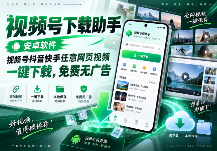 视频号下载助手，安卓软件，视频号抖音快手任意网页视频，一键下载，免费无广告-副业网