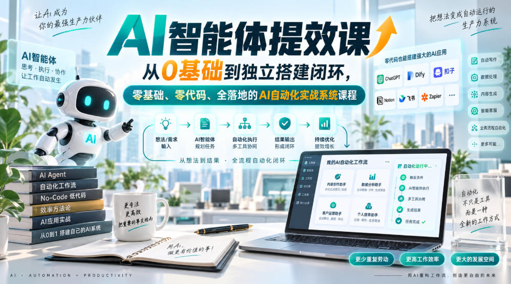 AI智能体提效课，从0基础到独立搭建闭环，零基础、零代码、全落地的AI自动化实战系统课程-副业网