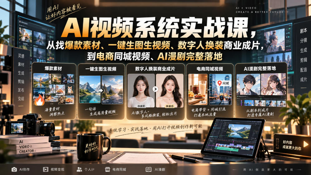 AI视频系统实战课，从找爆款素材、一键生图生视频、数字人换装商业成片，到电商同城视频、AI漫剧完整落地-副业网