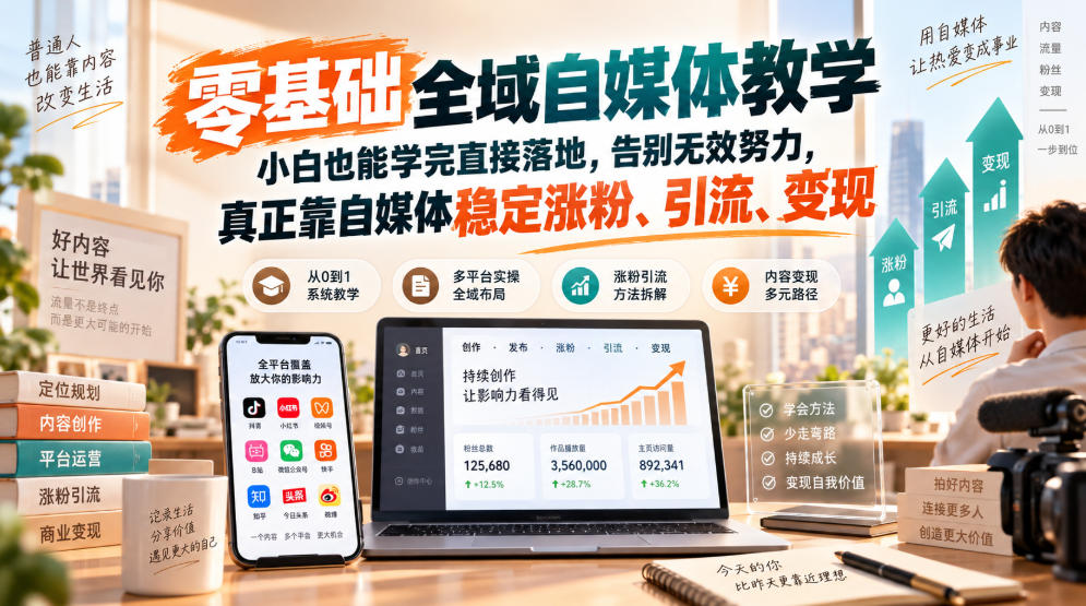 零基础全域自媒体教学，小白也能学完直接落地，告别无效努力，真正靠自媒体稳定涨粉、引流、变现-副业网