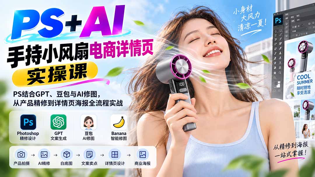PS+AI手持小风扇电商详情页实操课：PS结合GPT、豆包与AI修图，从产品精修到详情页海报全流程实战-副业网
