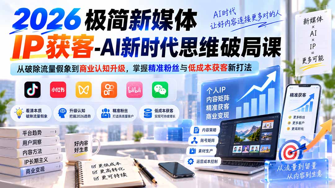 2026极简新媒体IP获客-AI新时代思维破局课：从破除流量假象到商业认知升级，掌握精准粉丝与低成本获客新打法-副业网