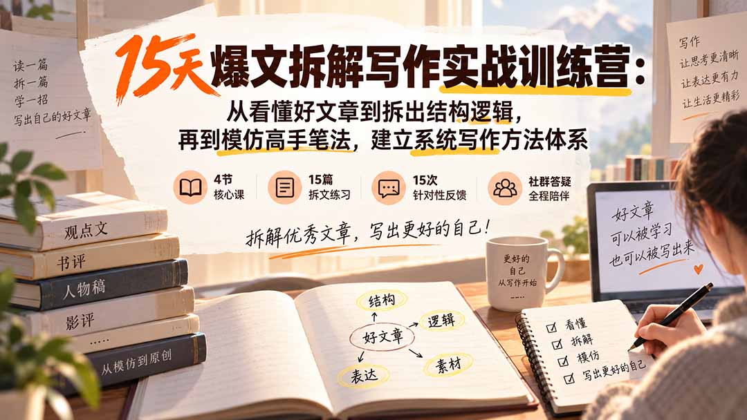 15天爆文拆解写作实战训练营：从看懂好文章到拆出结构逻辑，再到模仿高手笔法，建立系统写作方法体系-副业网