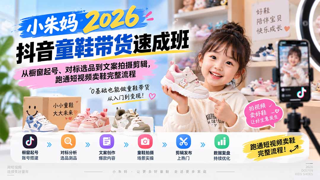 小朱妈2026抖音童鞋带货速成班：从橱窗起号、对标选品到文案拍摄剪辑，跑通短视频卖鞋完整流程-副业网