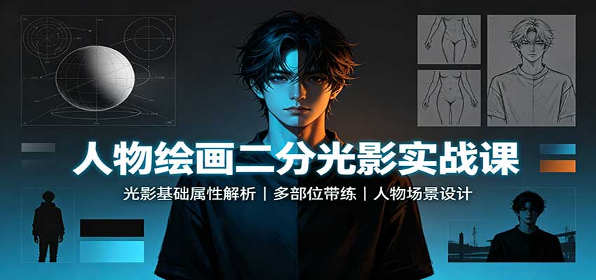 人物绘画二分光影实战课：光影基础属性解析，多部位带练，人物场景设计-副业网