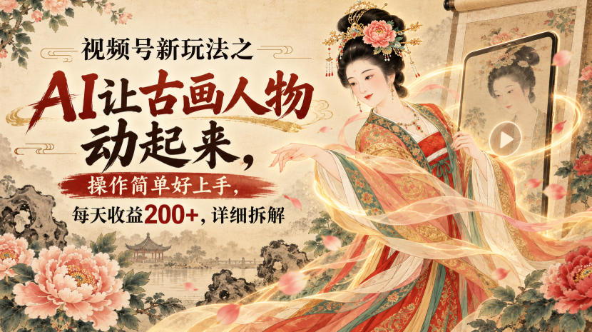 视频号新玩法之AI让古画人物动起来，操作简单好上手，每天收益200+，详细拆解-副业网