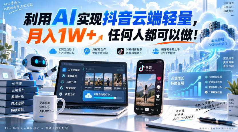 利用AI实现抖音云端轻量，月入1W+，任何人都可以做！【揭秘】-副业网
