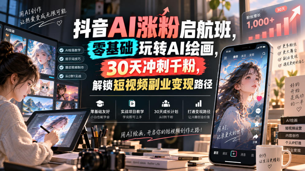 抖音AI涨粉启航班，零基础玩转AI绘画，30天冲刺千粉，解锁短视频副业变现路径-副业网