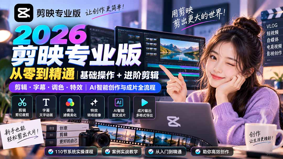 2026剪映专业版从零到精通｜基础操作+进阶剪辑｜剪辑·字幕·调色·特效｜AI智能创作与成片全流程-副业网