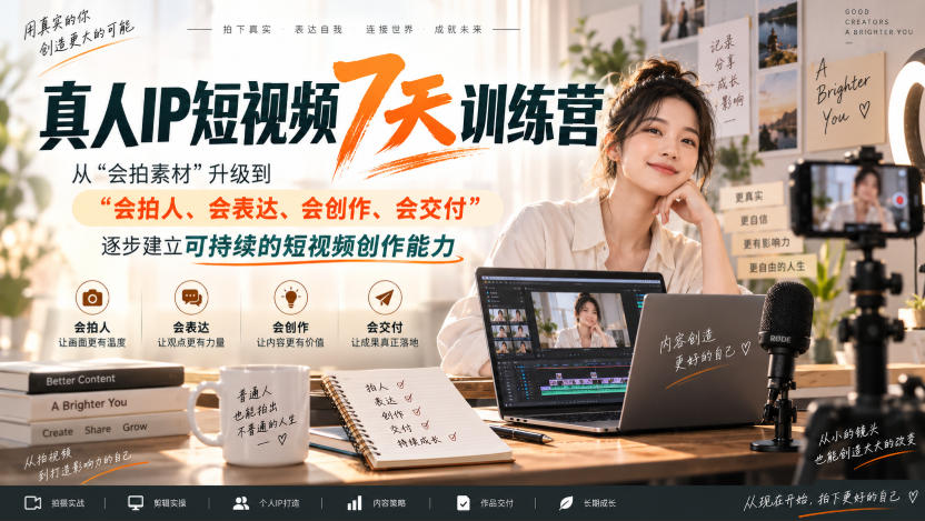 真人IP短视频7天训练营，从“会拍素材”升级到“会拍人、会表达、会创作、会交付”，逐步建立可持续的短视频创作能力-副业网