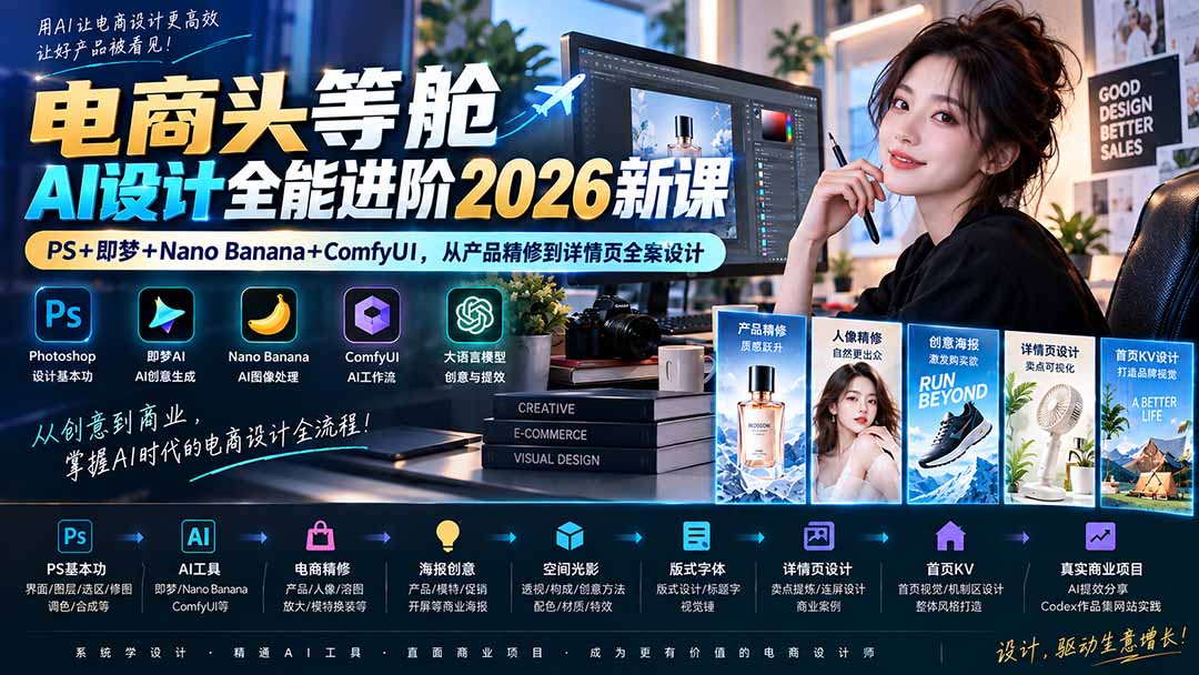 图片[2]-电商头等舱AI设计全能进阶2026新课：PS+即梦+Nano Banana+ComfyUI，从产品精修到详情页全案设计-副业网