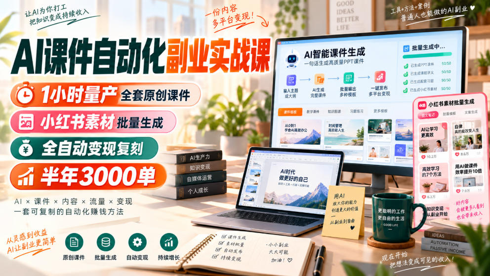 AI课件自动化副业实战课，1小时量产全套原创课件，小红书素材批量生成，全自动变现复刻，半年3000单-副业网