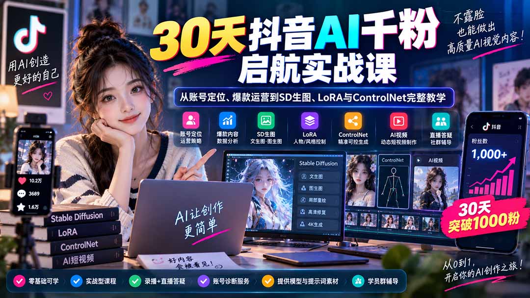 30天抖音AI千粉启航实战课：从账号定位、爆款运营到SD生图、LoRA与ControlNet完整教学-副业网