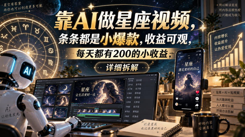 靠AI做星座视频，条条都是小爆款，收益可观，每天都有200的小收益，详细拆解-副业网