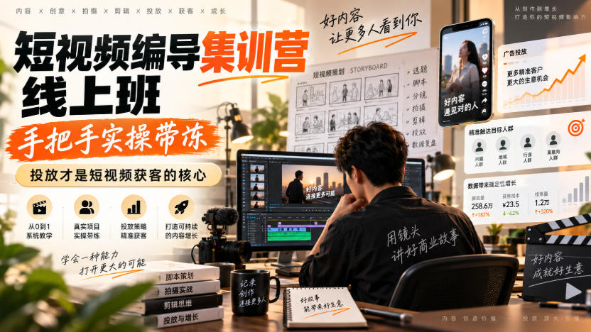 短视频编导集训营线上班，手把手实操带冻，投放才是短视频获客的核心-副业网