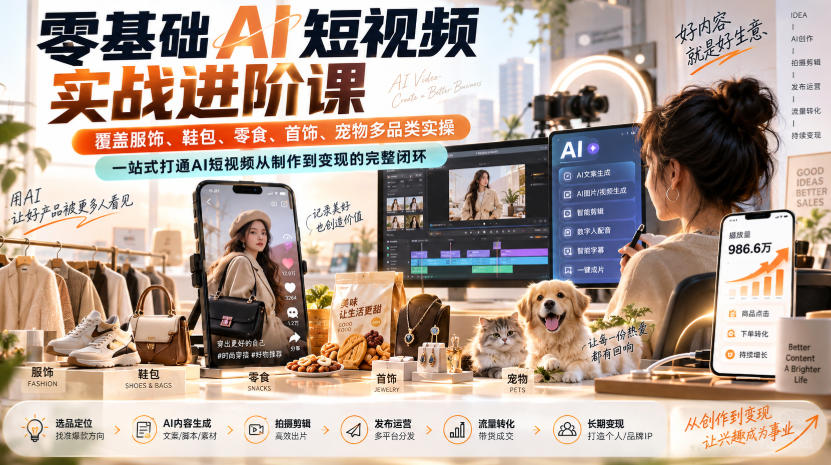 零基础AI短视频实战进阶课，覆盖服饰、鞋包、零食、首饰、宠物多品类实操，一站式打通AI短视频从制作到变现的完整闭环-副业网