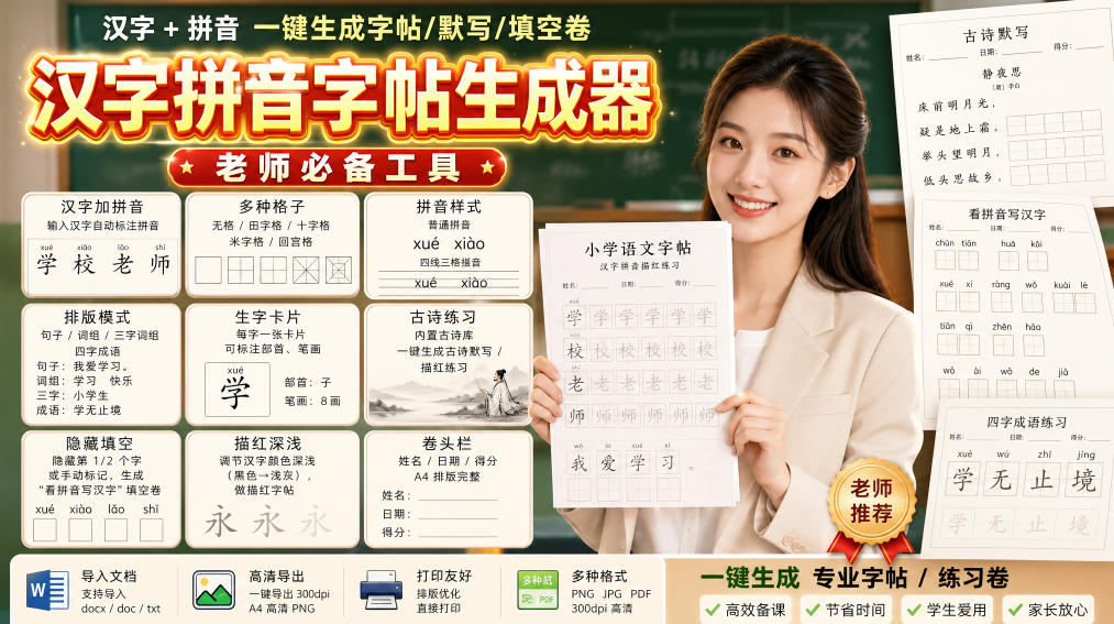 学习神器，汉字拼音字帖生成器，汉字+拼音 一键生成字帖/默写/填空卷，支持词组、成语，老师、家长必备-副业网