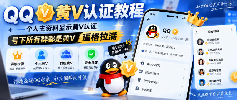 QQ黄V认证教程，个人主资料显示黄V认证，号下所有群都是黄V，逼格拉满-副业网