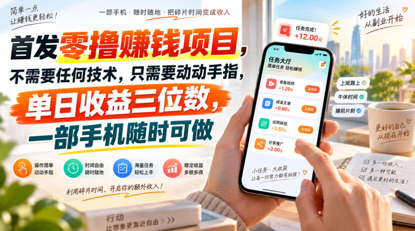首发零撸賺钱项目，不需要任何技术，只需要动动手指，单日收益三位数，一部手机随时可做【揭秘】-副业网