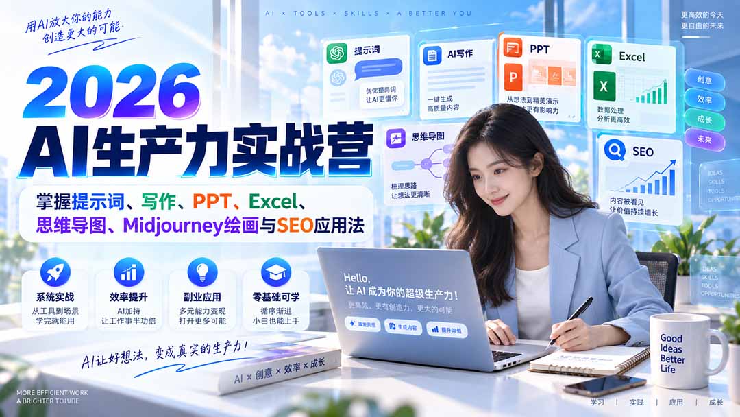 图片[2]-2026AI生产力实战营：掌握提示词、写作、PPT、Excel、思维导图、Midjourney绘画与SEO应用法-副业网