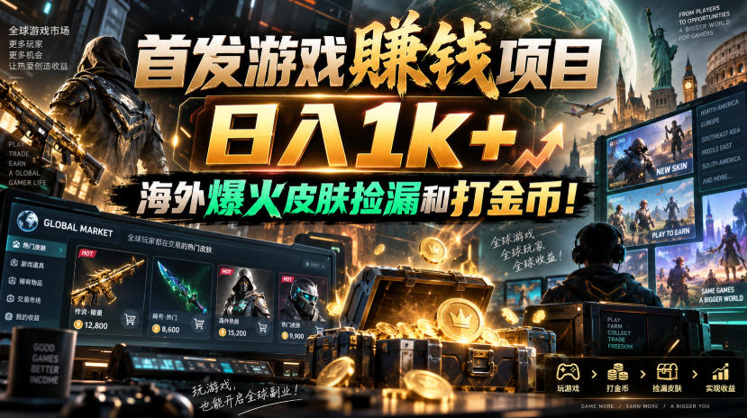 首发游戏賺钱项目，日入1k+，海外爆火皮肤捡漏和打金币！【揭秘】-副业网