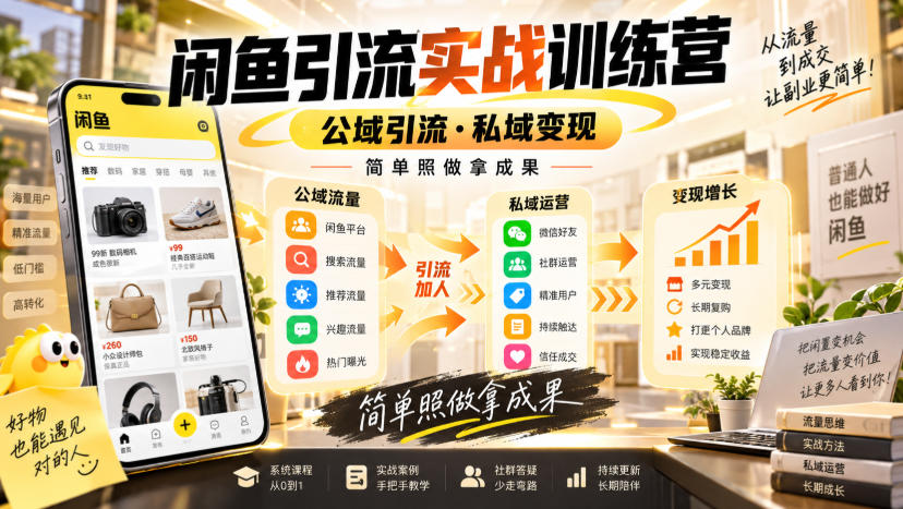 闲鱼引流实战训练营，公域引流·私域变现，简单照做拿成果-副业网