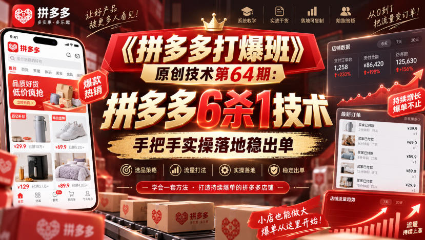 《拼多多打爆班》原创技术第64期：拼多多6杀1技术，手把手实操落地稳出单-副业网