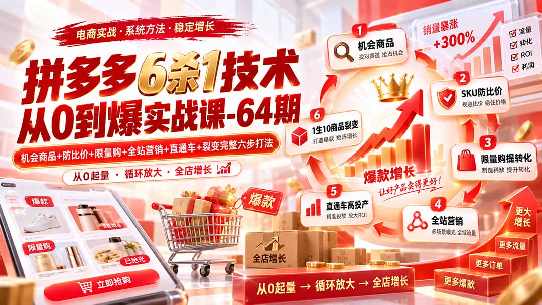 拼多多6杀1技术从0到爆实战课-64期：机会商品+防比价+限量购+全站营销+直通车+裂变完整六步打法-副业网
