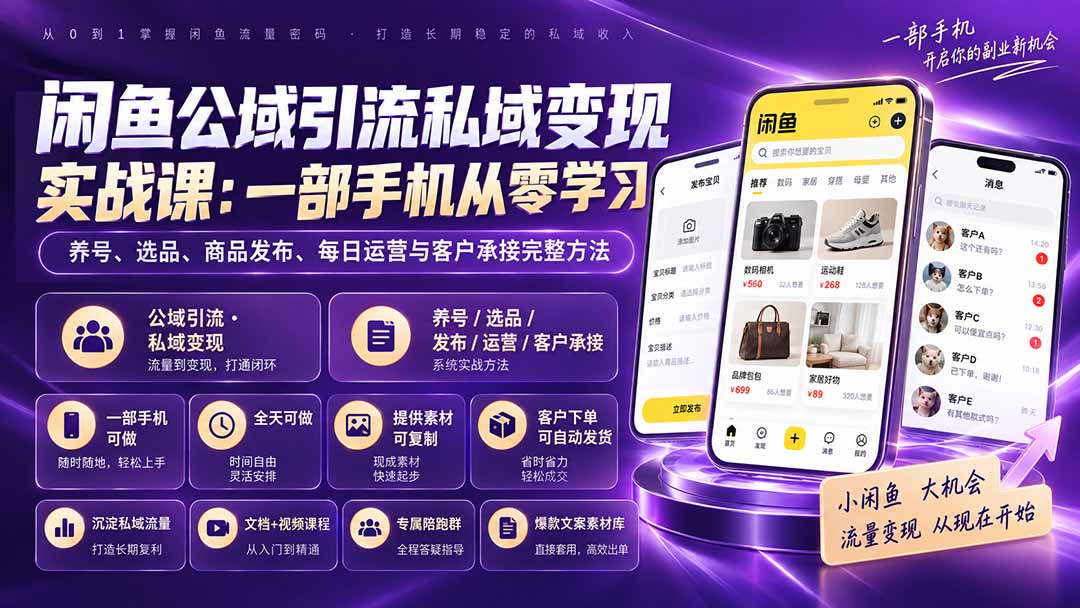 闲鱼公域引流私域变现实战课：一部手机从零学习养号、选品、商品发布、每日运营与客户承接完整方法-副业网