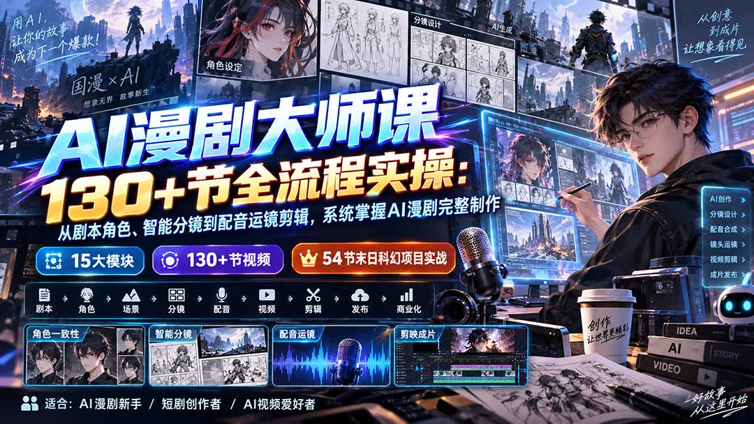 图片[2]-AI漫剧大师课130+节全流程实操：从剧本角色、智能分镜到配音运镜剪辑，系统掌握AI漫剧完整制作-副业网