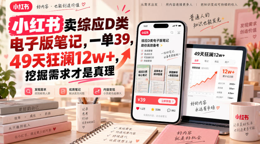 小红书卖综应D类电子版笔记，一单39，49天狂澜12w+，挖掘需求才是真理-副业网
