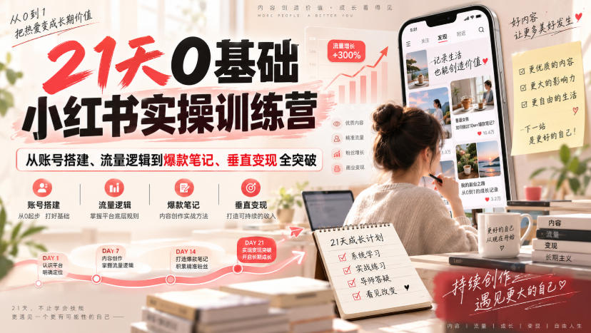 21天0基础小红书实操训练营｜从账号搭建、流量逻辑到爆款笔记、垂直变现全突破-副业网