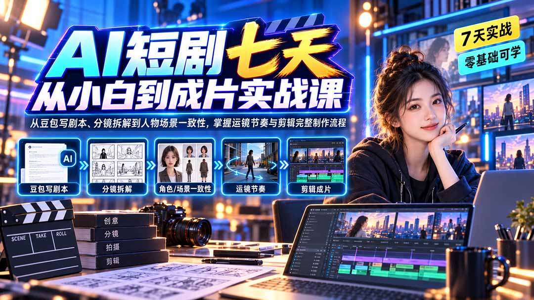 图片[2]-AI短剧七天从小白到成片实战课：从豆包写剧本、分镜拆解到人物场景一致性，掌握运镜节奏与剪辑完整制作流程-副业网