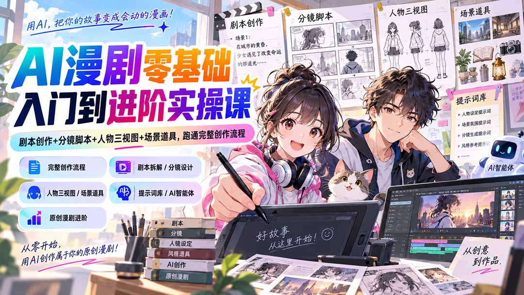 图片[2]-AI漫剧零基础入门到进阶实操课：剧本创作+分镜脚本+人物三视图+场景道具，跑通完整创作流程-副业网