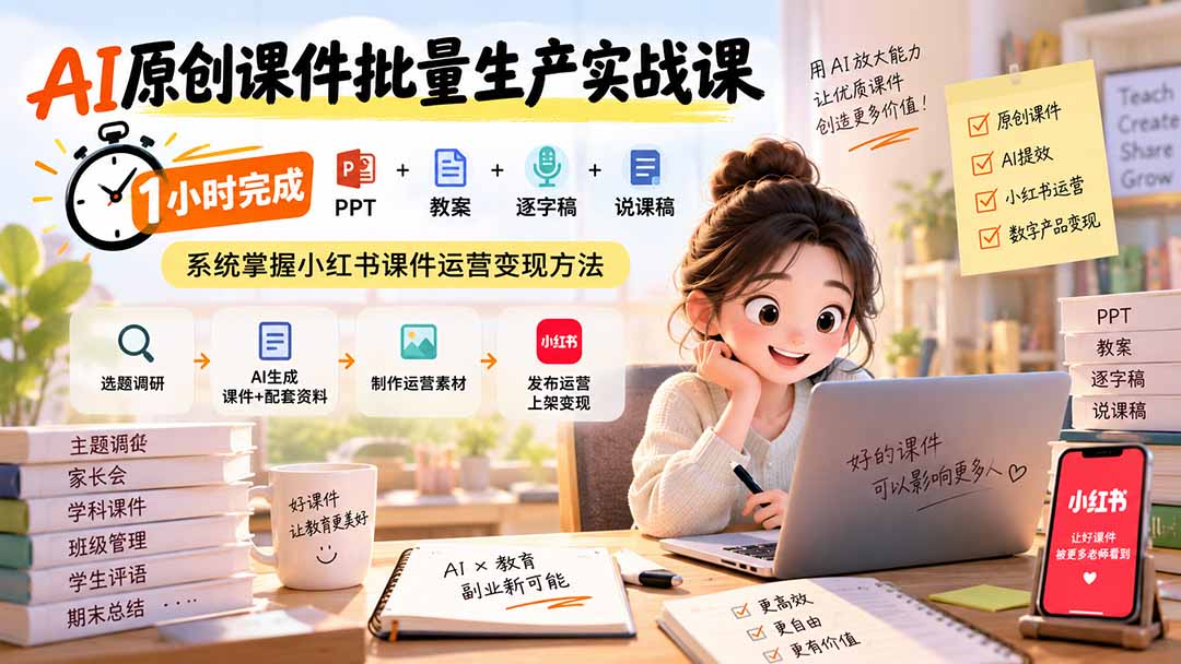 AI原创课件批量生产实战课：1小时完成PPT+教案+逐字稿+说课稿，系统掌握小红书课件运营变现方法-副业网