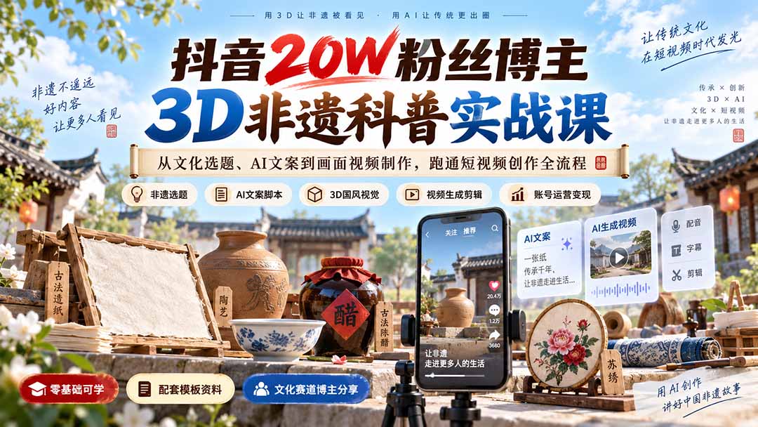 抖音20W粉丝博主3D非遗科普实战课：从文化选题、AI文案到画面视频制作，跑通短视频创作全流程-副业网