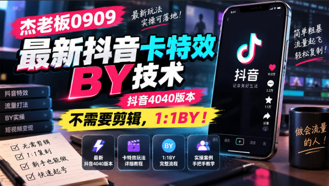 杰老板0909最新抖音卡特效搬运技术，抖音4040版本，不需要剪辑，1:1搬运！-副业网