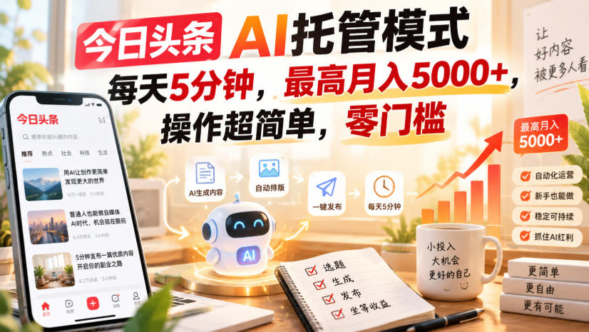 今日头条AI托管模式，每天5分钟，最高月入5000+，操作超简单，零门槛【揭秘】-副业网