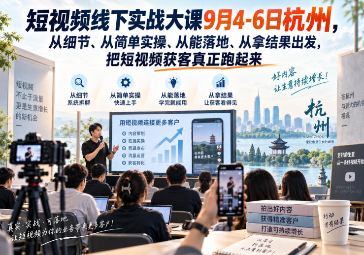 短视频线下实战大课9月4-6日杭州，从细节、从简单实操、从能落地、从拿结果出发，把短视频获客真正跑起来-副业网
