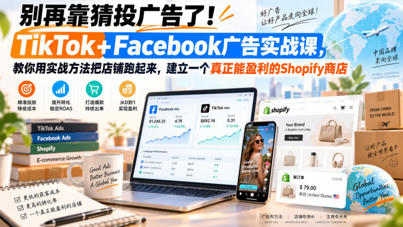 别再靠猜投广告了！TikTok+Facebook广告实战课，教你用实战方法把店铺跑起来，建立一个真正能盈利的Shopify商店【原创双语字幕】-副业网