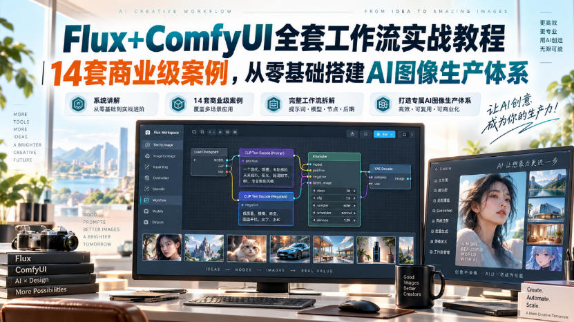 Flux+ComfyUI全套工作流实战教程｜14套商业级案例，从零基础搭建AI图像生产体系-副业网