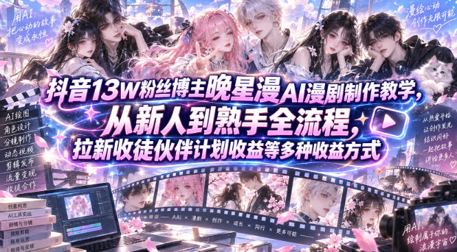 抖音13W粉丝博主晚星漫AI漫剧制作教学，从新人到熟手全流程，拉新收徒伙伴计划收益等多种收益方式，单日1K+-副业网