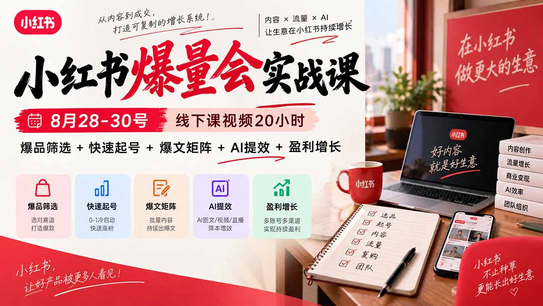 小红书爆量会实战课：8月28-30号线下课视频20小时，爆品筛选+快速起号+爆文矩阵+AI提效+盈利增长-副业网